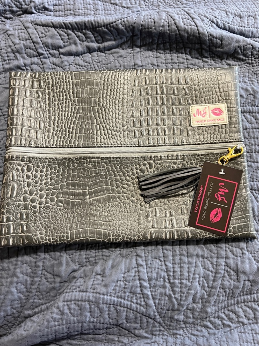 Makeup Junkie Bags Gray Croc-Embossed Tassel Clutch